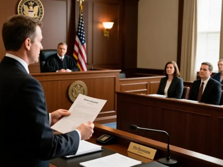 Courtroom scene with lawyer presenting evidence