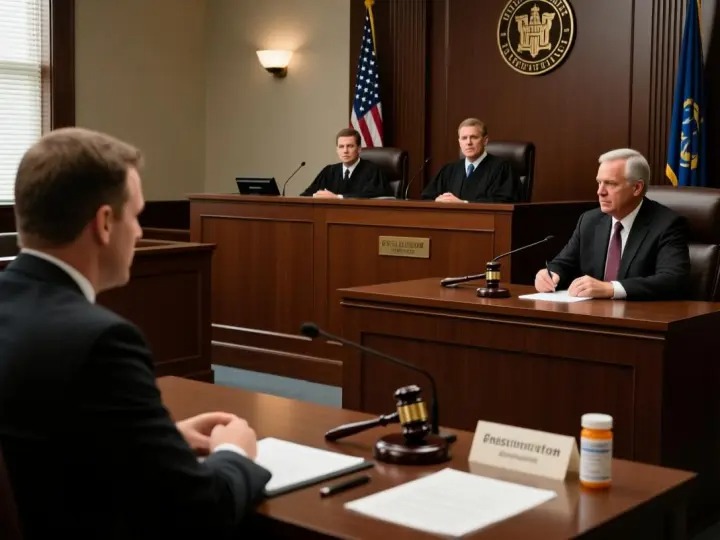 Courtroom illustration of prescription drug litigation