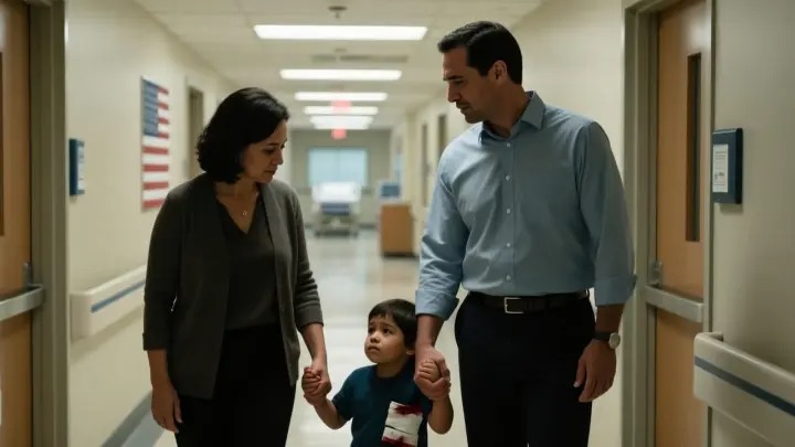 Parents protecting injured child after accident