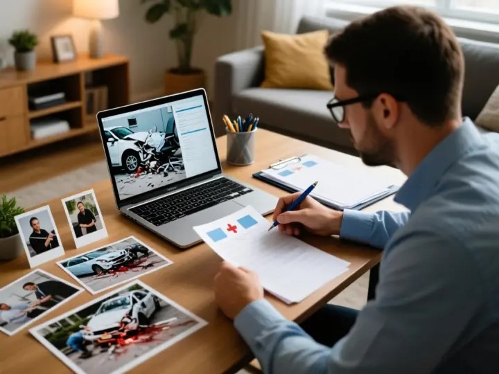 Worker compiling medical records and accident photos