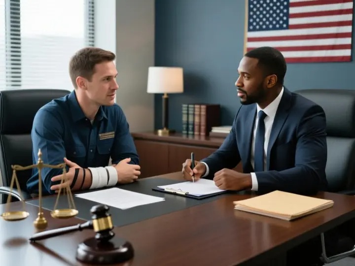 Injured worker consulting workers’ comp attorney