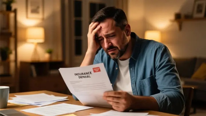 Stressed patient reviewing insurance denial letter