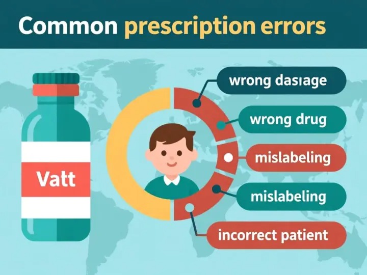 Illustration of common prescription errors like wrong dosage, wrong drug, and mislabeling