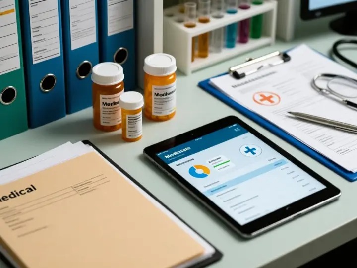 Medical records, prescription bottles, and lab results on a desk