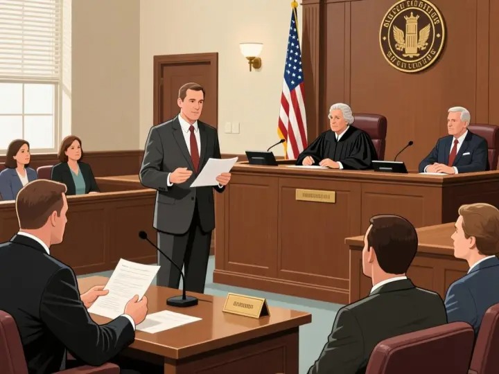 Medical malpractice trial in courtroom with jury, plaintiff, and defense